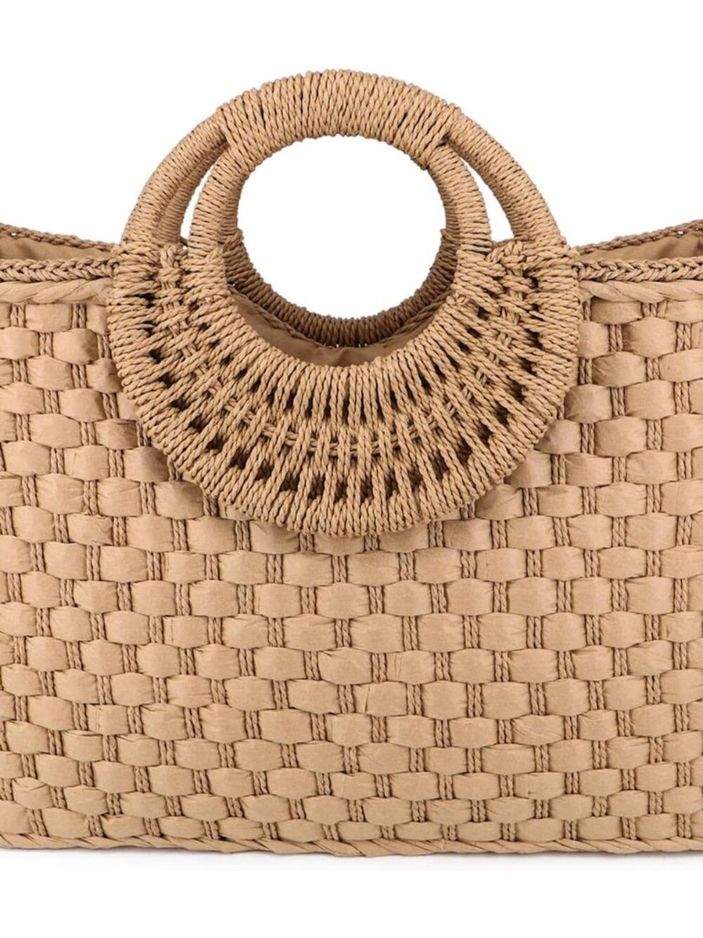 Women Summer Retro Straw Bag with Zip Hand-woven Beach Handbag Top Round Handle